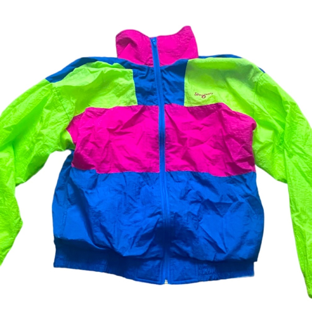 Vtg 80s Men’s track jacket neon pink green blue M Spalding sport classic zip